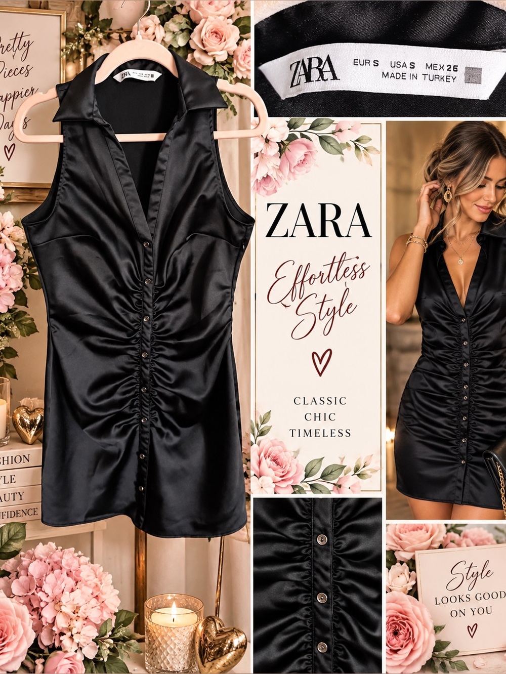 ZARA Black Satin Ruched Button-Front Mini Dress